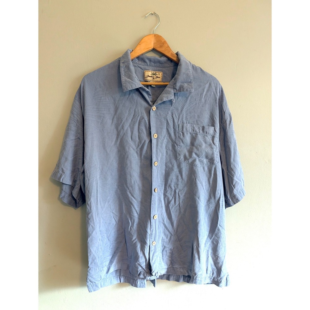 Jamaica Jaxx Shirt XL Blue 100% Silk Hawaiian Palm Print Resort Beach Tropical